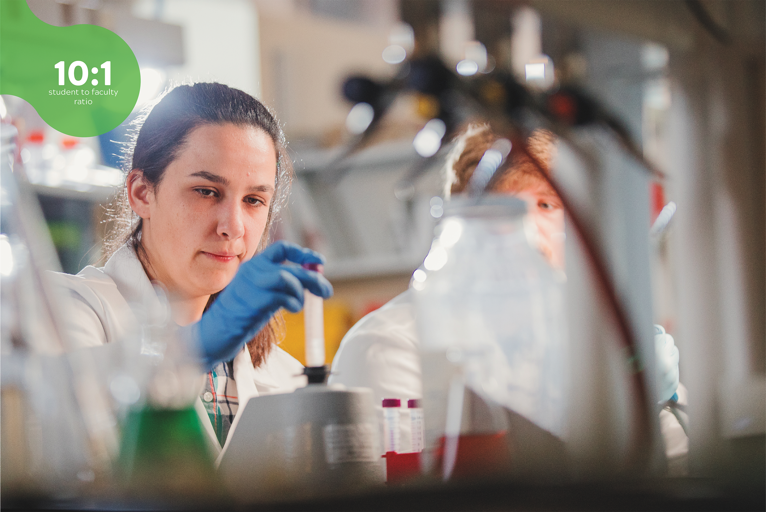 Image of a student performing laboratory research with a test tube with text 10:1 student to faculty ratio